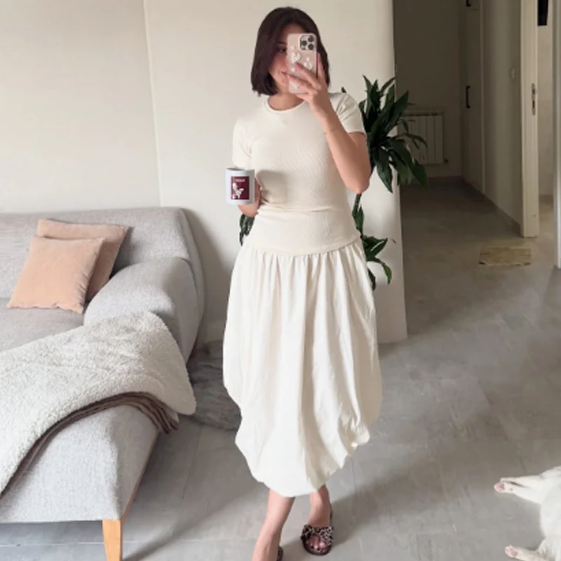 HXAO 2025 فساتين بالون نسائية صيفية أنيقة للحفلات المسائية فساتين طويلة أوف وايت مرقعة بأكمام قصيرة فستان أنيق #5