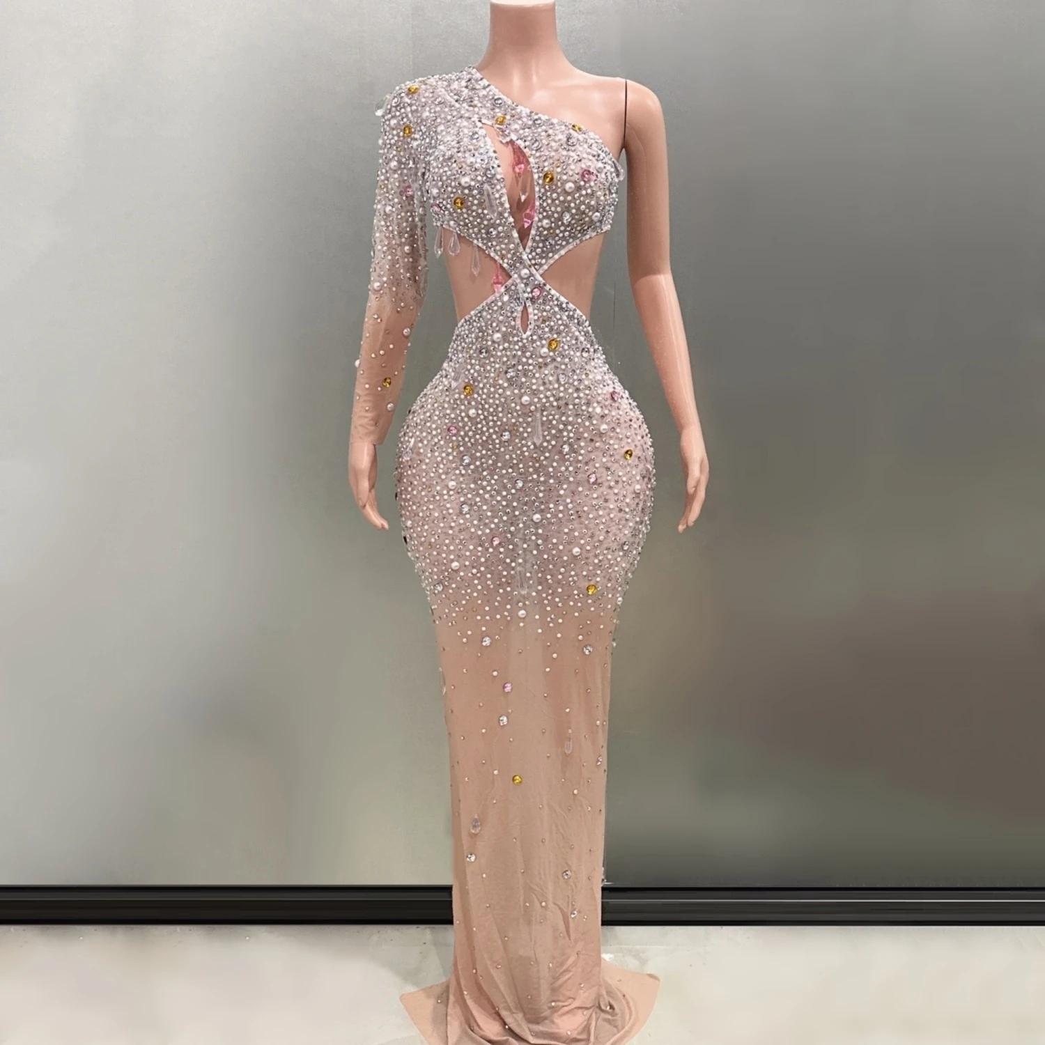 Sparkly Pearls Crystal Women Sexy Long Sleeve Floor-Length Bodycon Dress  Fashion Elegant Evening Party Celebration Dress