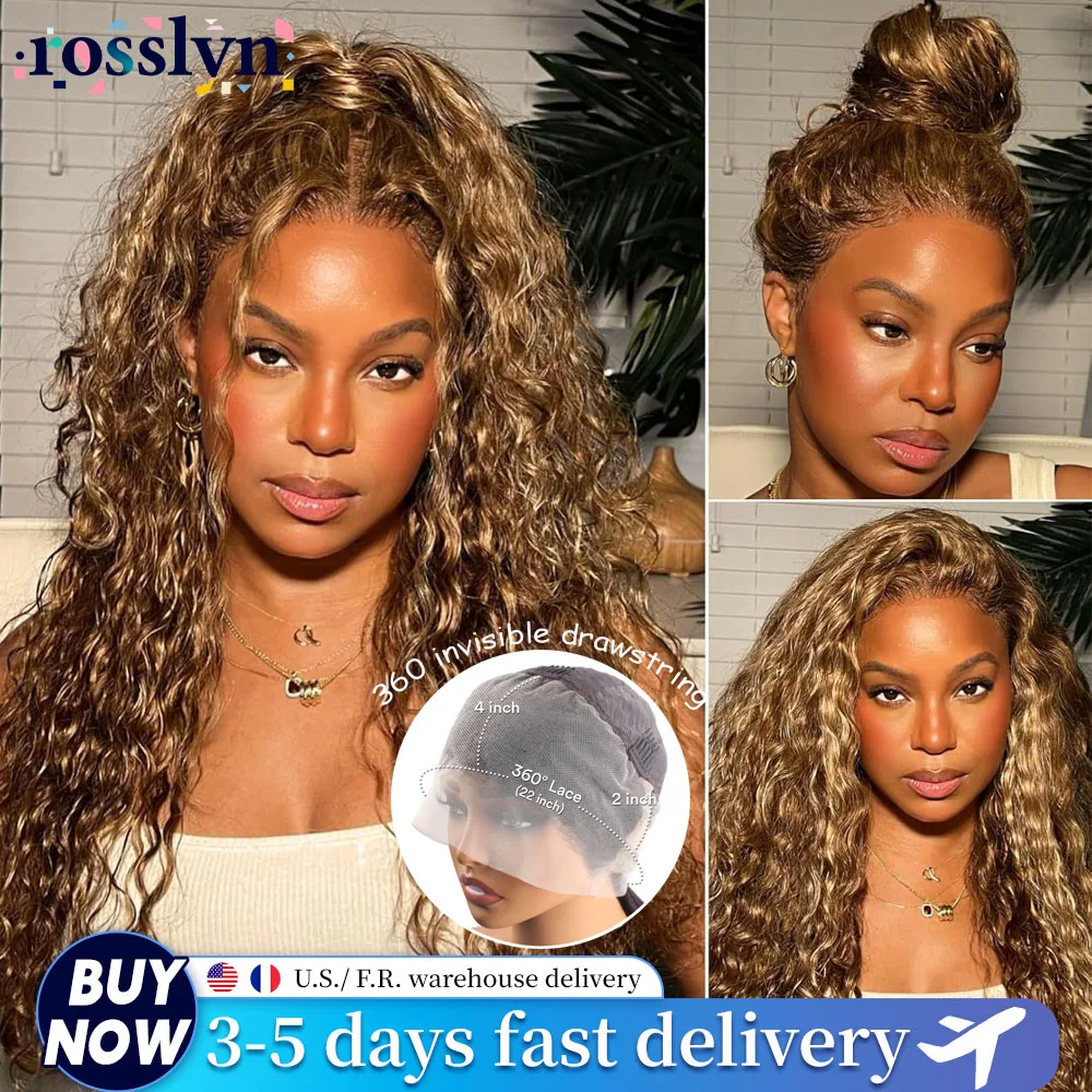 Deep Wave P427 Highlight Honey Blonde Wig Human Hair 360 Full Lace Wig Hd Lace Frontal Wig Brazilian Curly Water Wave 250 Density 34 Inch For Women
