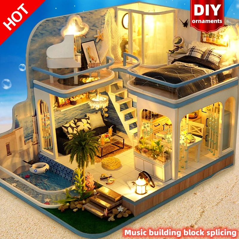 Assemble DIY Wooden House Dollhouse kit Miniature Doll Houses toys With Furniture LED Lights birthday festival Kid gift Toy