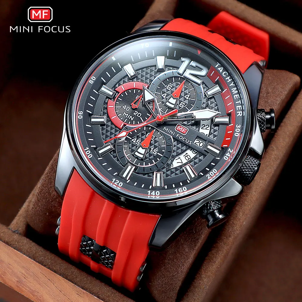 MINI FOKUS Rote Uhr für Männer Mode Luxus Chronograph Quarz Armbanduhr mit Silikon Band Leucht Hände Datum Wasserdicht 0350