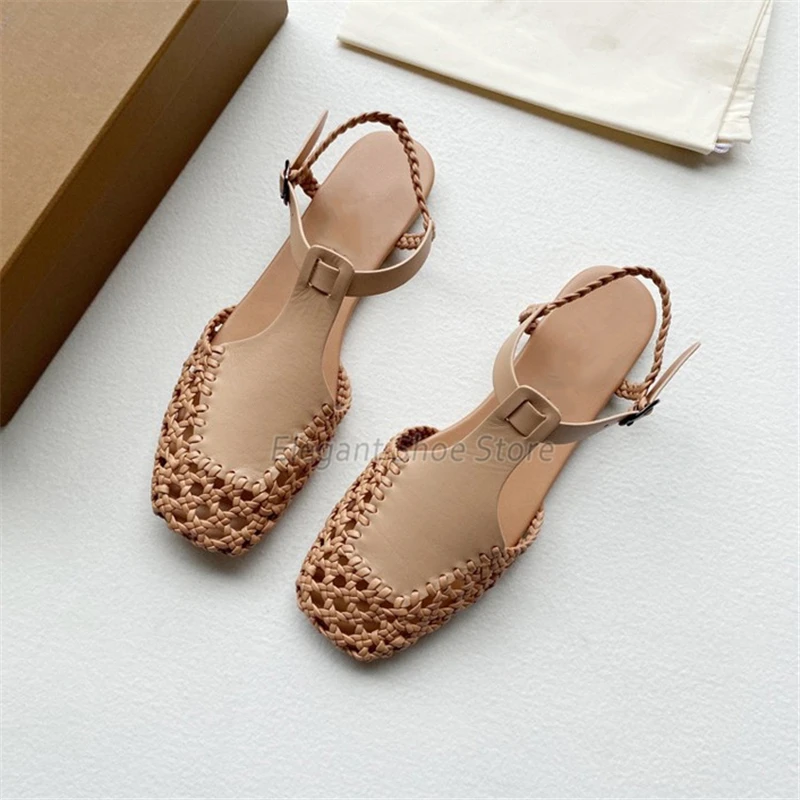 Letnie nowe tkane sandały dla kobiet Retro Mesh Hollow Ankle Strap Casual Flats Roman Square Toe Leather Female Mary Jane Shoes