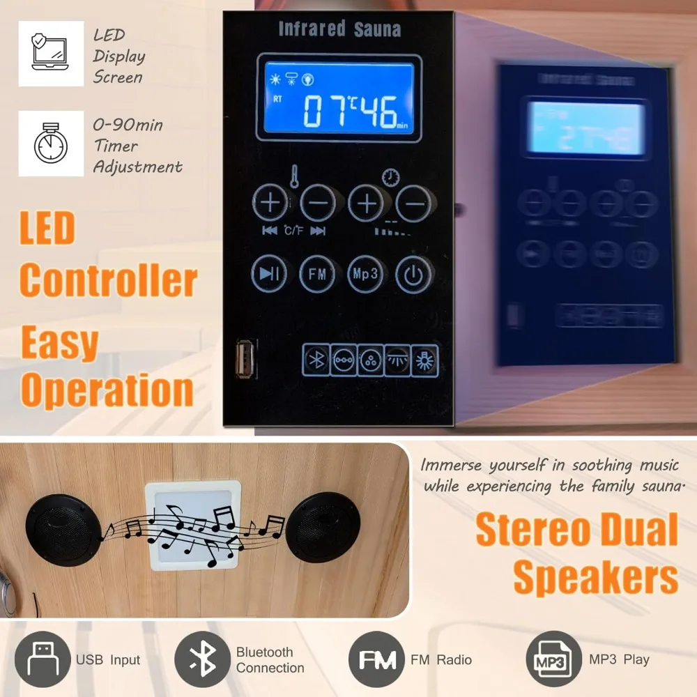 Indoor far-infrared sauna room, low electromagnetic field 5 heating plates 1400W infrared therapy, Bluetooth speaker LED light