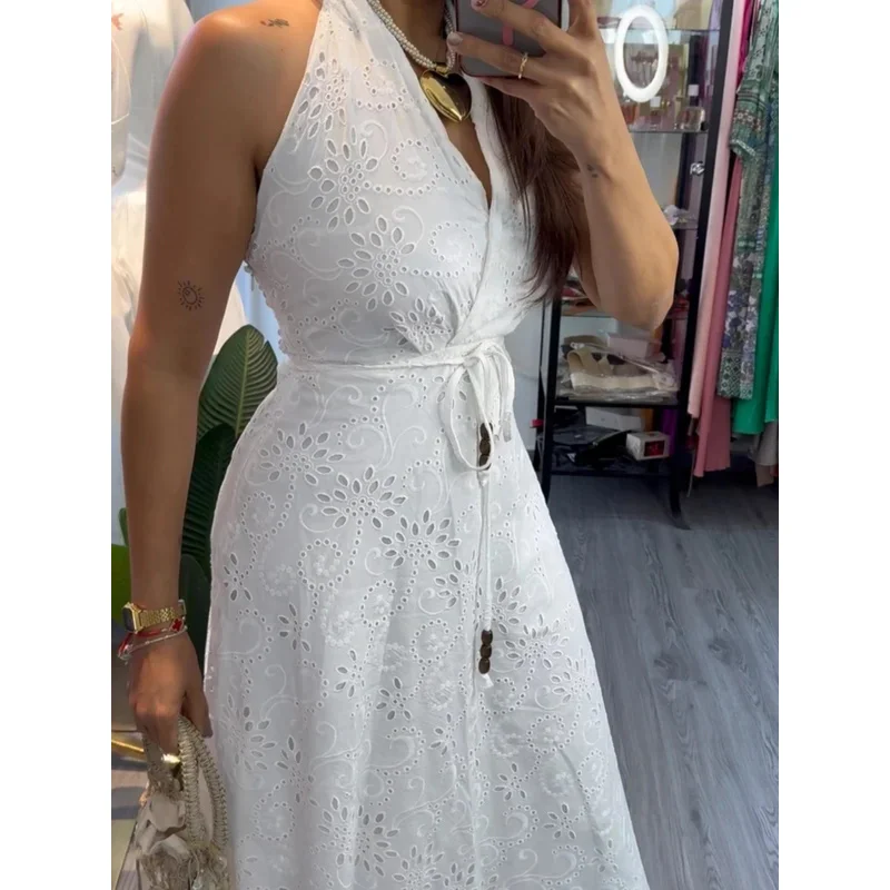 

Women's Halter Neck Embroidered White Dress Summer Long Pleated Off-Shoulder Backless Party Midi Gown