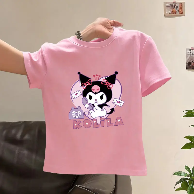 

Футболка детская из чистого хлопка 2026 Sanrio Kuromi Love с мультяшным принтом, комплект для родителей и детей, мужская и женская, с коротким рукавом
