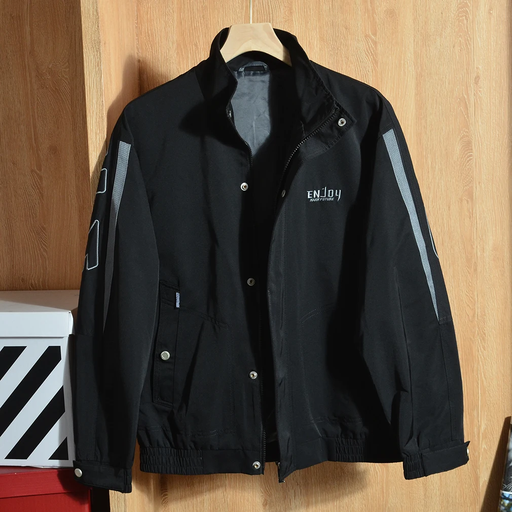 

H-Home Men's Faion Casual Embroidered Letter Jaet Stand Collar Coat Polyester Fiber Spring Autumn Season Long Sve Zipper