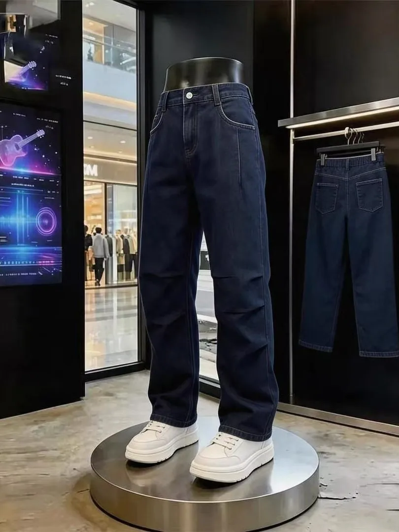 American Retro Flared Slimming Pleated Workwear Blue Jeans Men's Trendy Loose Straight Leg Pants mid Waist Zipper Closure
