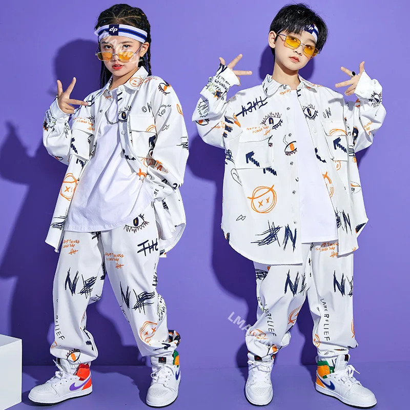 Kid Cool Kpop Hip Hop Roupas, Camisa branca estampada, Brasão Top, Streetwear, Calças de moletom Jogger, Menina, Menino, Traje de dança Jazz, Roupas