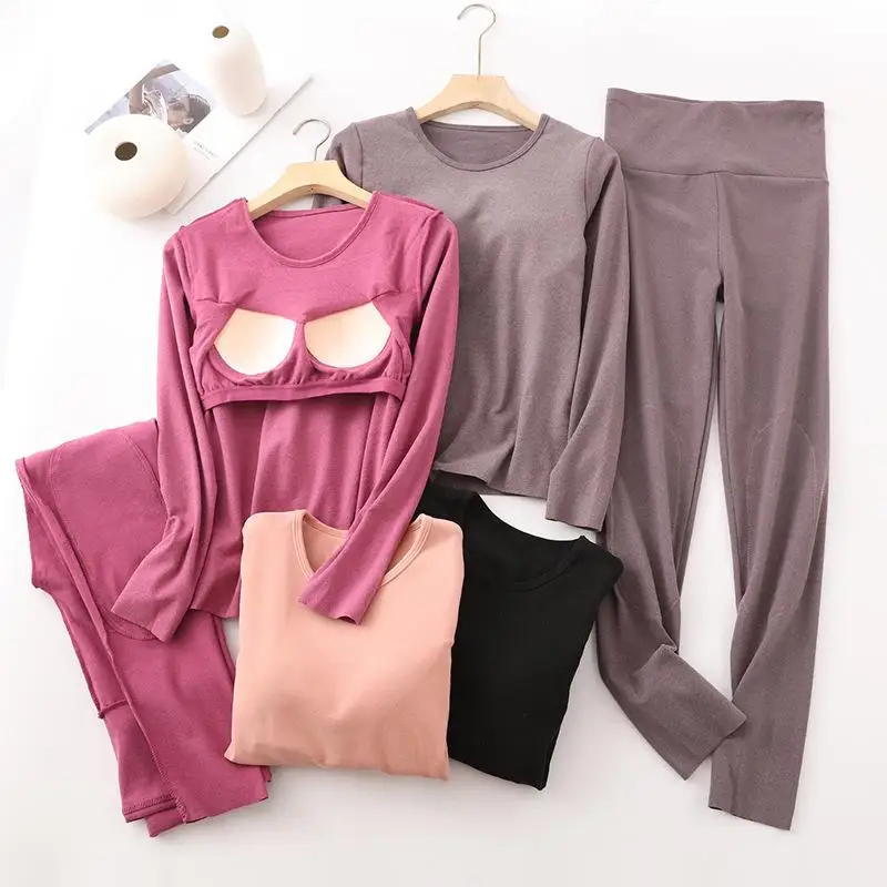 暖かいサーマル下着セット、シームレスなベースと一体型の長袖フリース裏地付きパンツとトップス、女性用ホームウェア