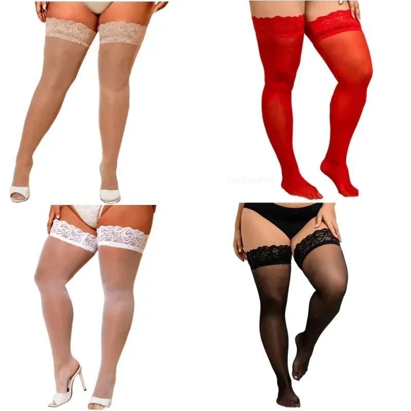 FREEAUCE Women Large Plus Size Stockings with Anti-slip Oversized Lace XXXL Thigh High Sheer Fishnet Black Long Knee Socks