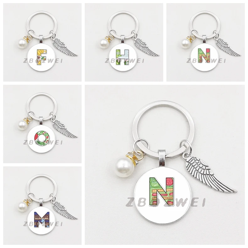 Cute New Charm Teacher Mother Gift Keychains Simple Sweet A-Z Letter Pattern Glass Convex Circular Key Ring Pearl Key Chain