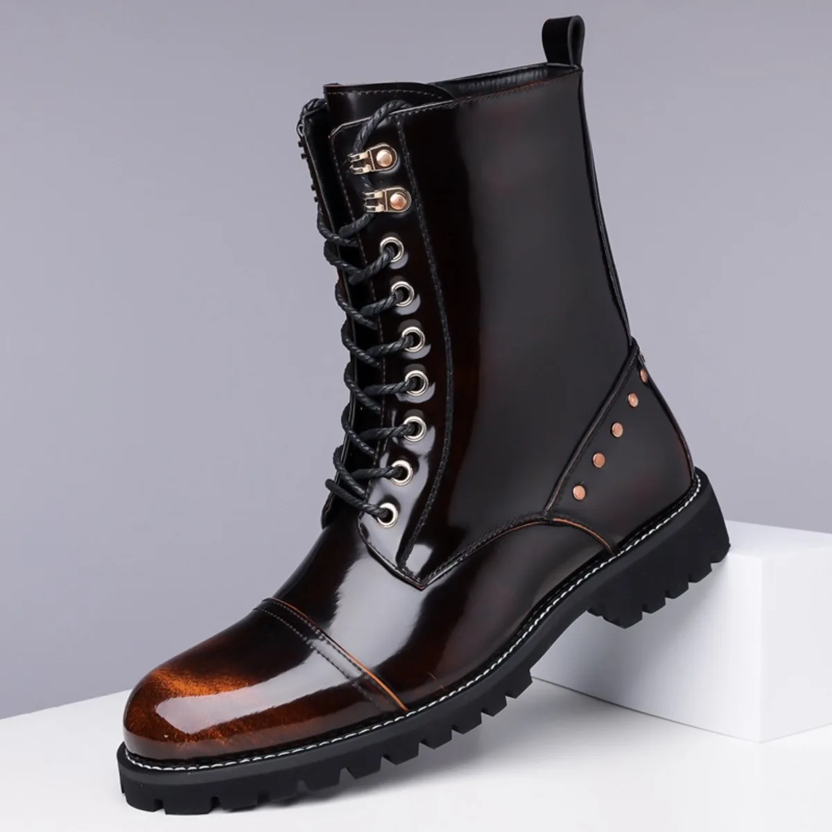 Men Genuine Leather Ankle High Shoes Glossy Burnished Color Lace‑up Combat Shoes Rivet Decor Non‑Slip Thick Sole Male Footwear