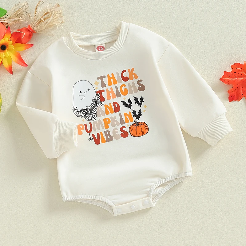 Halloween Baby Outfit Girl Boy Bodysuits Crewneck Bubble Sleeve Pumpkin Letter Ghost Print Sweatshirt Romper Cute Fall Clothes