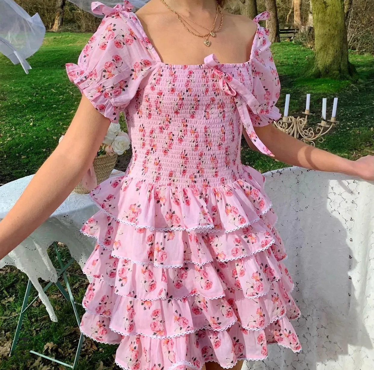 2022 Princess Pink Floral Print Bow Puff Sleeve Dress Women Elastic Ruched Body Spliced Short Party Dresses Slim fit Vestido