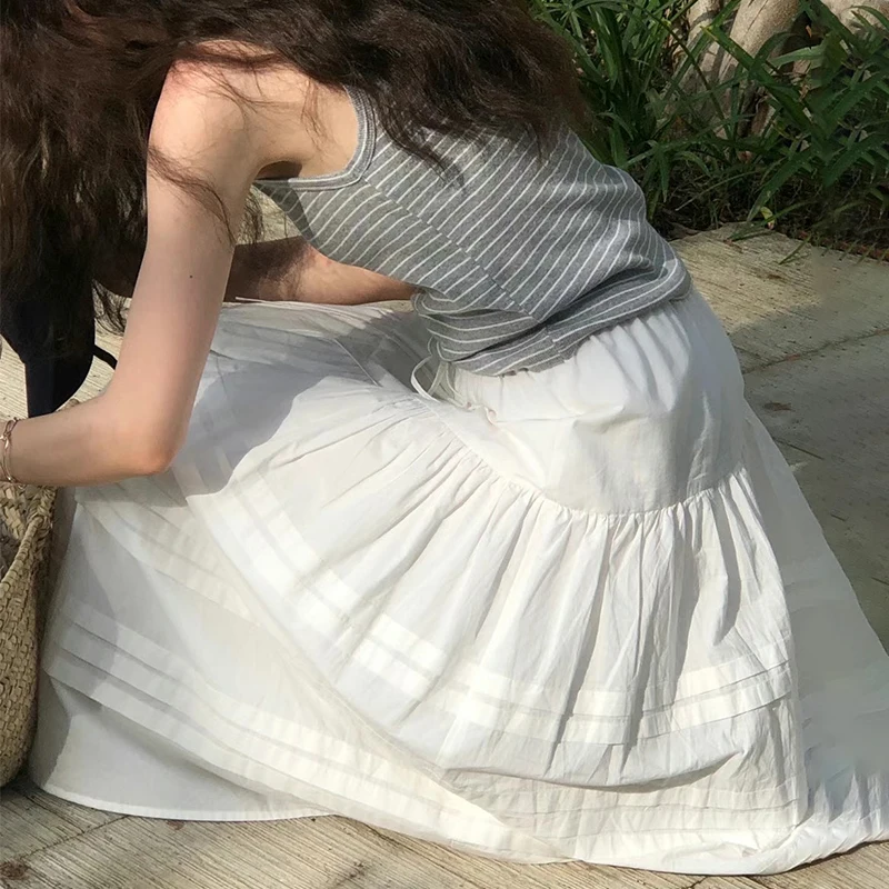 High Waist Casual Midi Skirt Women's Loose White A-Line Umbrella Skirt Drawstring Personality Slimming Skirts for Ladies