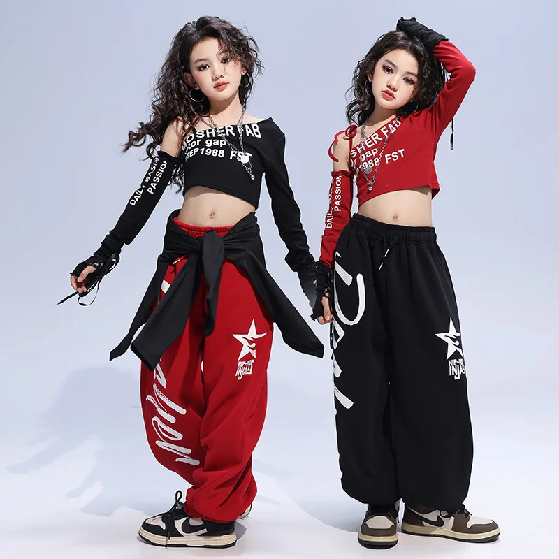 Kid Hip Hop Clothing White Black One Shoulder Crop Top T Shirt Casual Sweat Jogger Pants for Girls Jazz Dance Costumes Clothes