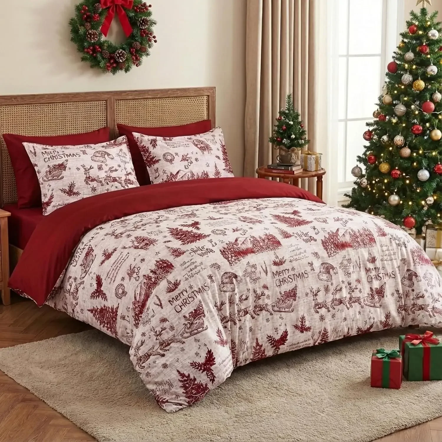 3pcs Christmas Duvet Cover Twin Size 2 Pieces Christmas Holiday Printed Duvet Cover Bedding Set 90X90Inch and 20X6Inch/104x90inch and 20x36inch