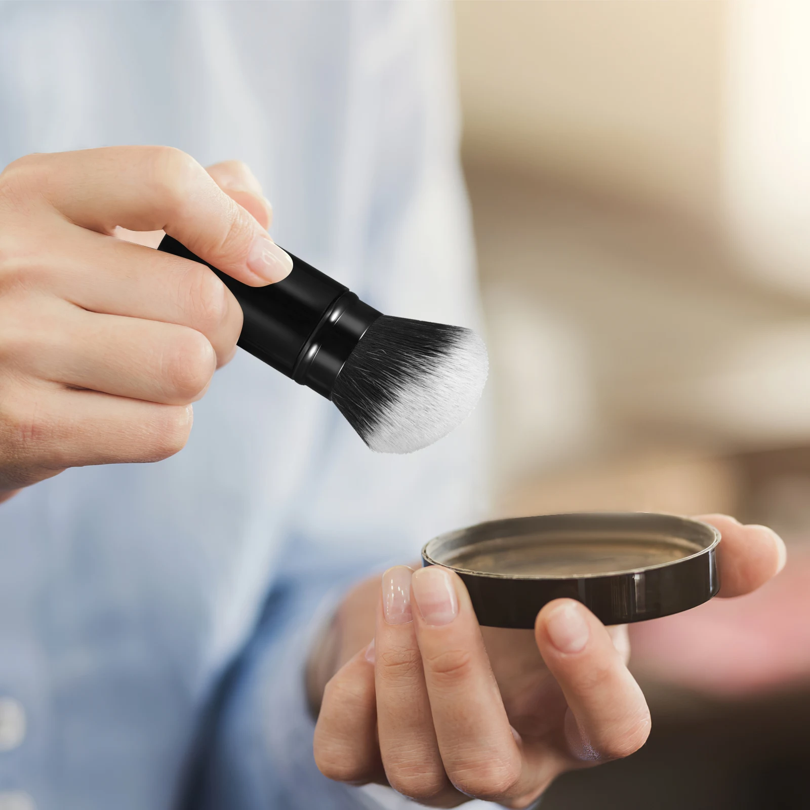 

2pcs Retractable Makeup Set Blush Applicator Soft Bristles Protective Cover Travel Portable Tools Retractable Powder