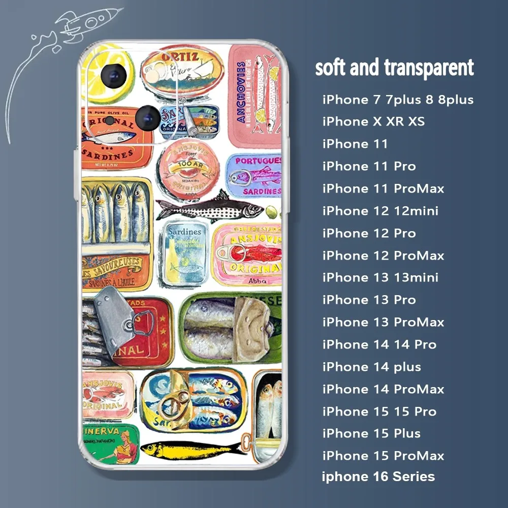 Sardines Canned Phone Case For Iphone 16 15 11 13 14 Pro Max 7 8 Plus X Xr Xs Max 12mini Transparent Cover