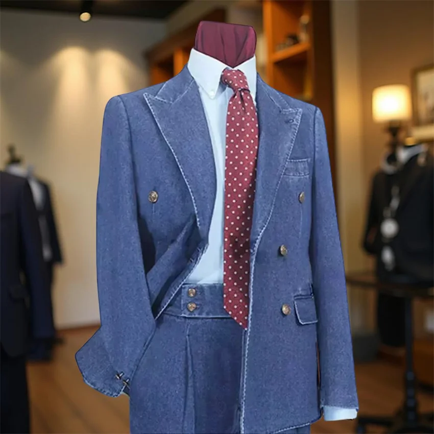 

Denim Double Breasted Men Suit Two Pieces Slim Fit Male Fashion Wedding Suit Blazer with Pants Custom Made Casual Style Suit