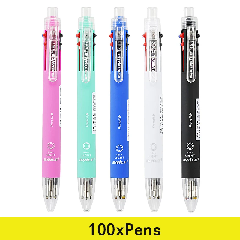 100Pcs Multicolor Ballpoint Pen Include 5 Colors Ball Pen 1 Automatic Pencil Top Eraser for Marking Writing School Supply Kids