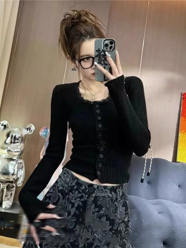 Cárdigan abierto de punto largo con empalme de encaje dulce coreano para mujer Otoño Invierno nueva ropa interior delgada Top básico