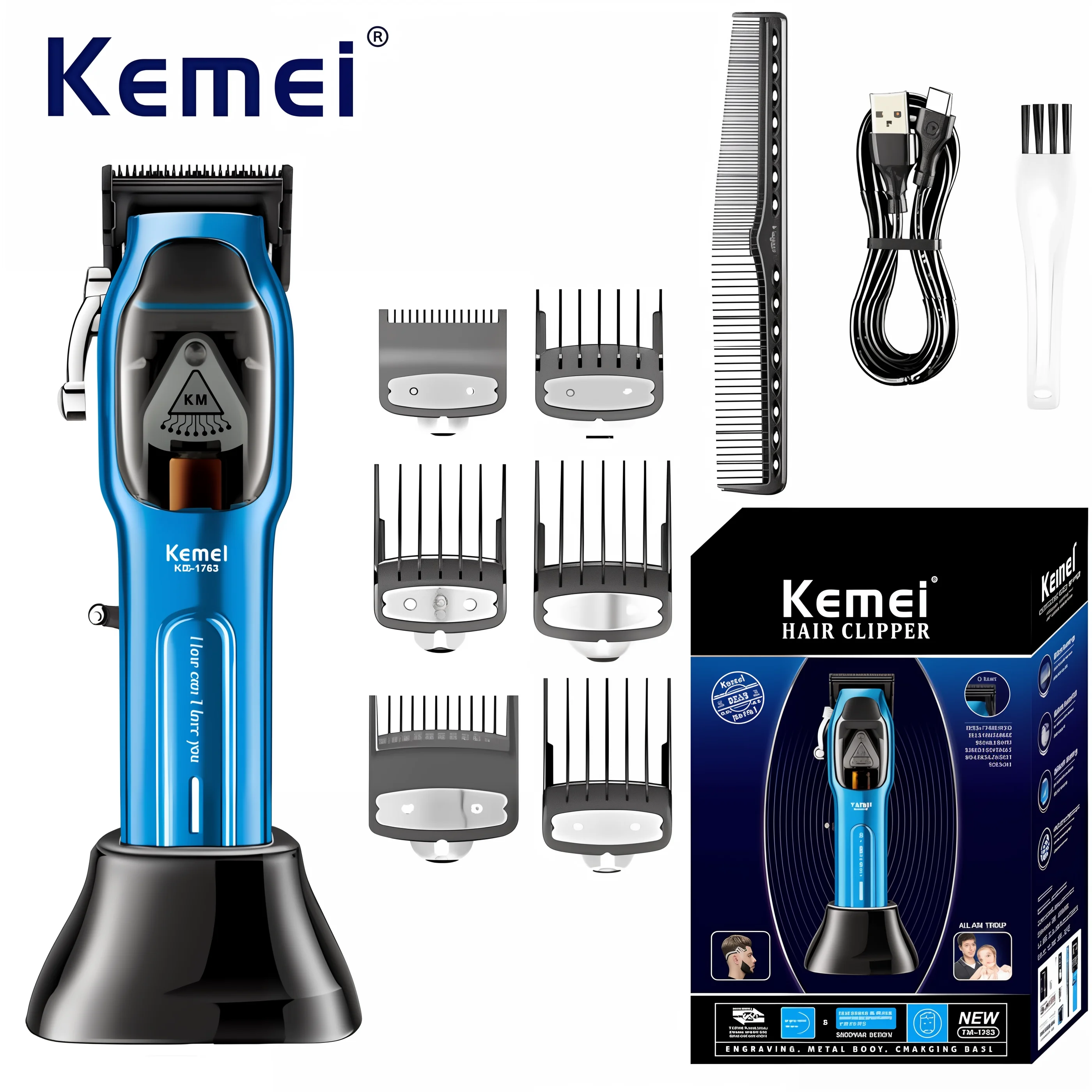 Kemei KM-1763 9000RPM Hair Clipper Powerful Hair Trimmers Electric Barber Hair Cutting Machine Adjustable Metal Clippers for Men