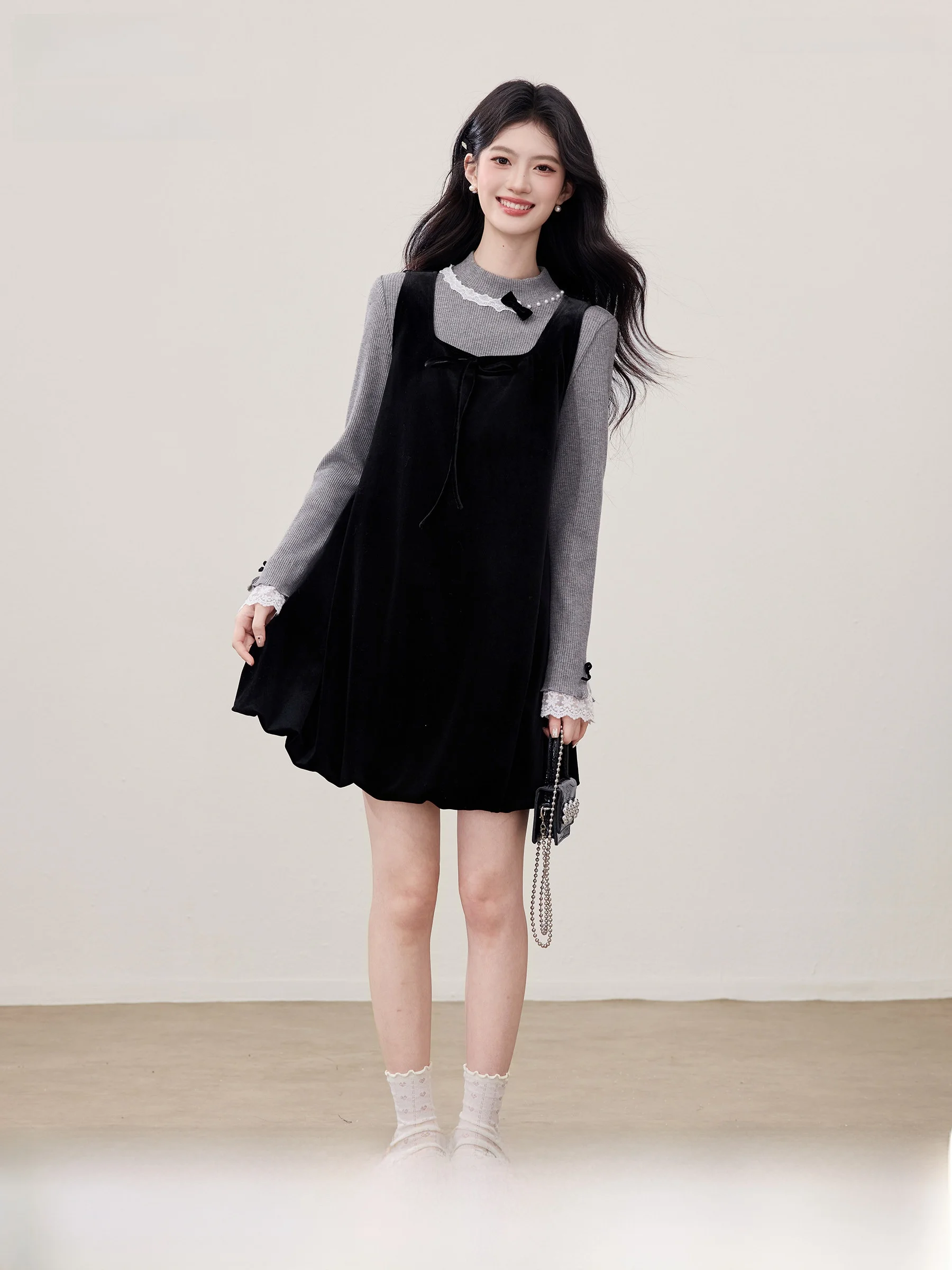 

Lingjiu Velvet ter Dr Knot Square Collar Women's Faion Soft Polyester A-Line Skirt Long Sve Princ Sle