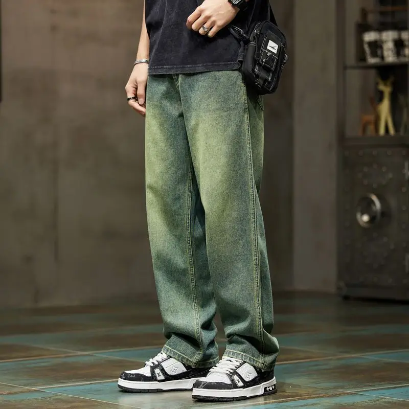 Men Loose Straight Wide Leg Jeans American High Street Workwear Pants Trendy Slimming Tall Durable Denim Trousers