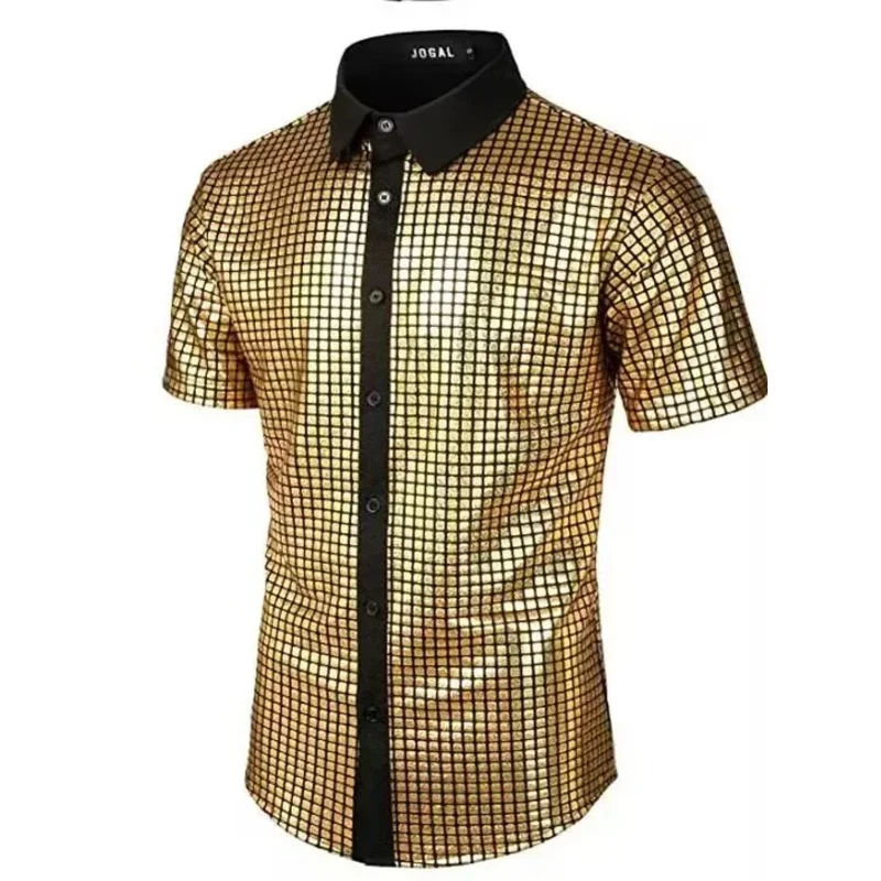 Camisa de lantejoulas douradas brilhantes Chang para homens, fantasia de cosplay, discotecas, ix, casamento, cantor de palco, baile