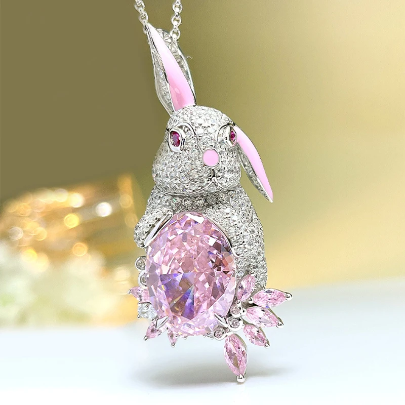

Explosive Sparkling Pink Diamond Necklace Pendant Rabbit's New Year Gift 925 Sterling Silver Wedding Jewelry
