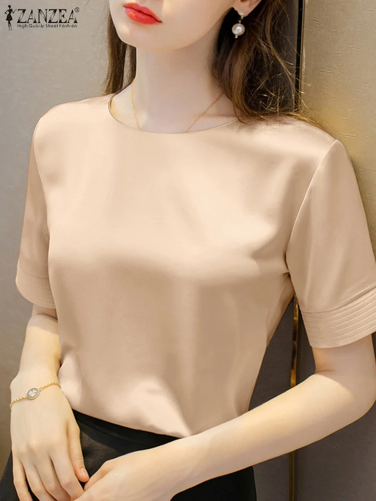 ZANZEA Elegant Casual O Neck Short Sleeve Satin Blouse Summer Women Fashion Solid Work OL Shirt Party Blusas Female Tunic Tops