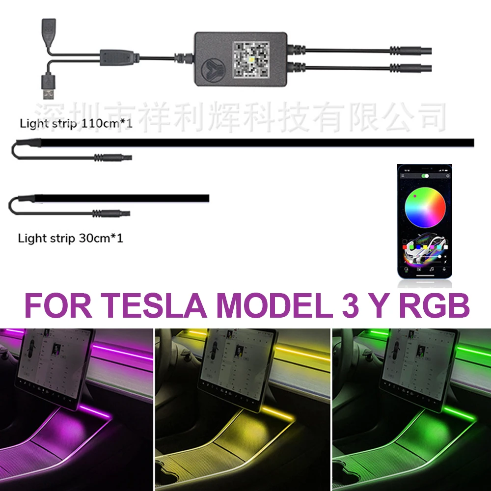 

Ambient Light For Tesla Model 3 Y RGB Center Console Dashboard Wireless Charging Neon LED Light Strip Rhythm USB APP Control