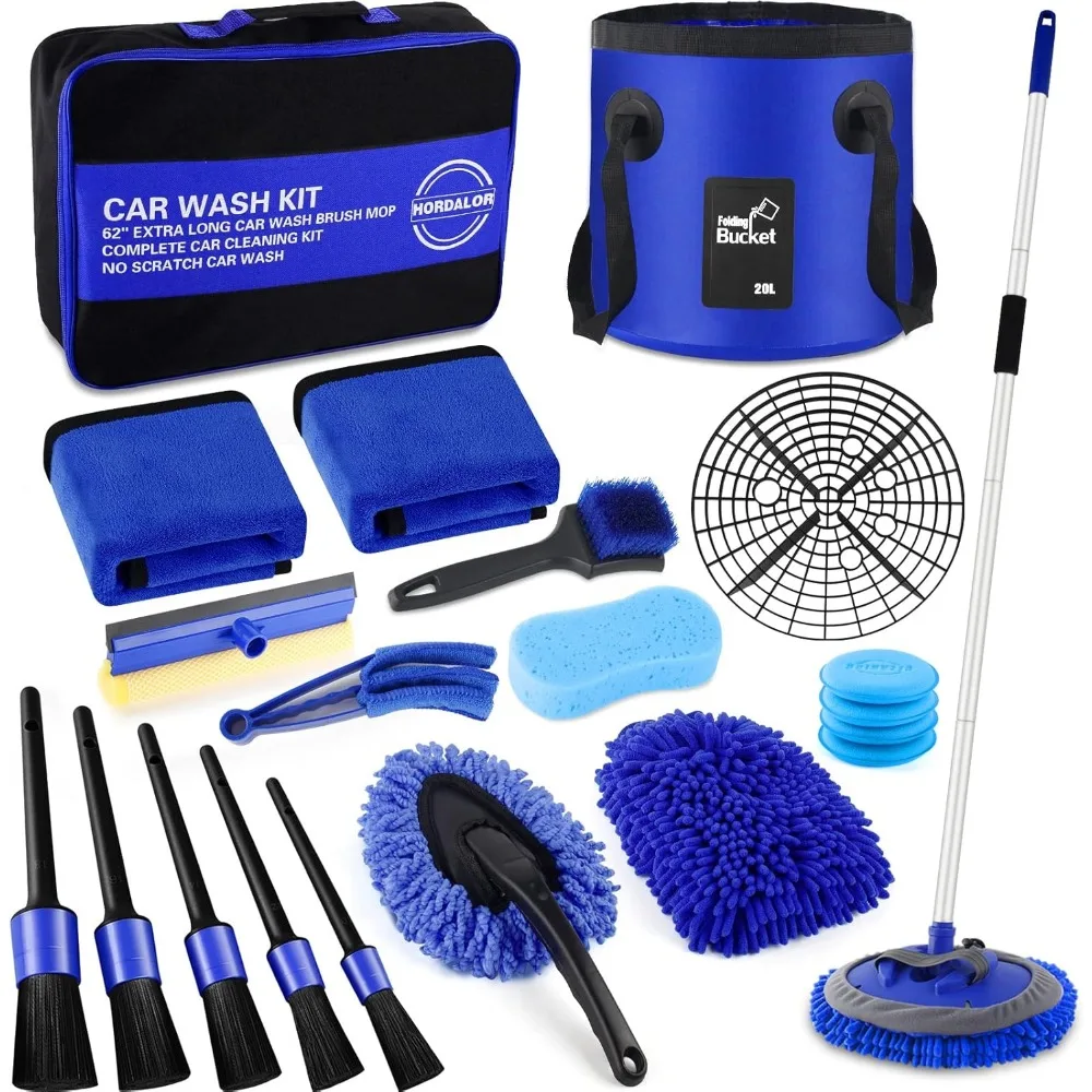 

21Pcs Car Wash Kit with Long Handle Brush, Filter Bucket & Squeegee for Cars, RV, Truck, Boat - Blue