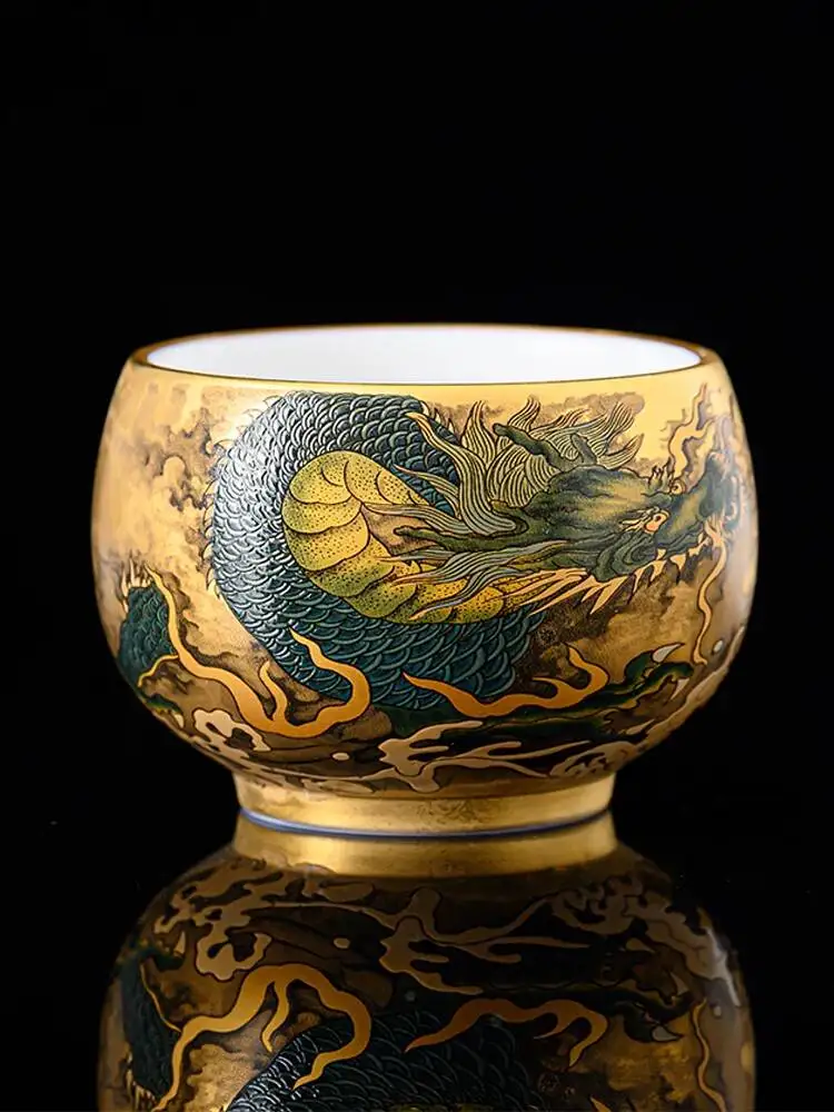 

Zhou Hongjie Qinglong Gilded Personal Kung Fu Tea Set Jian Zhan 24K Pure Master Gold Cup