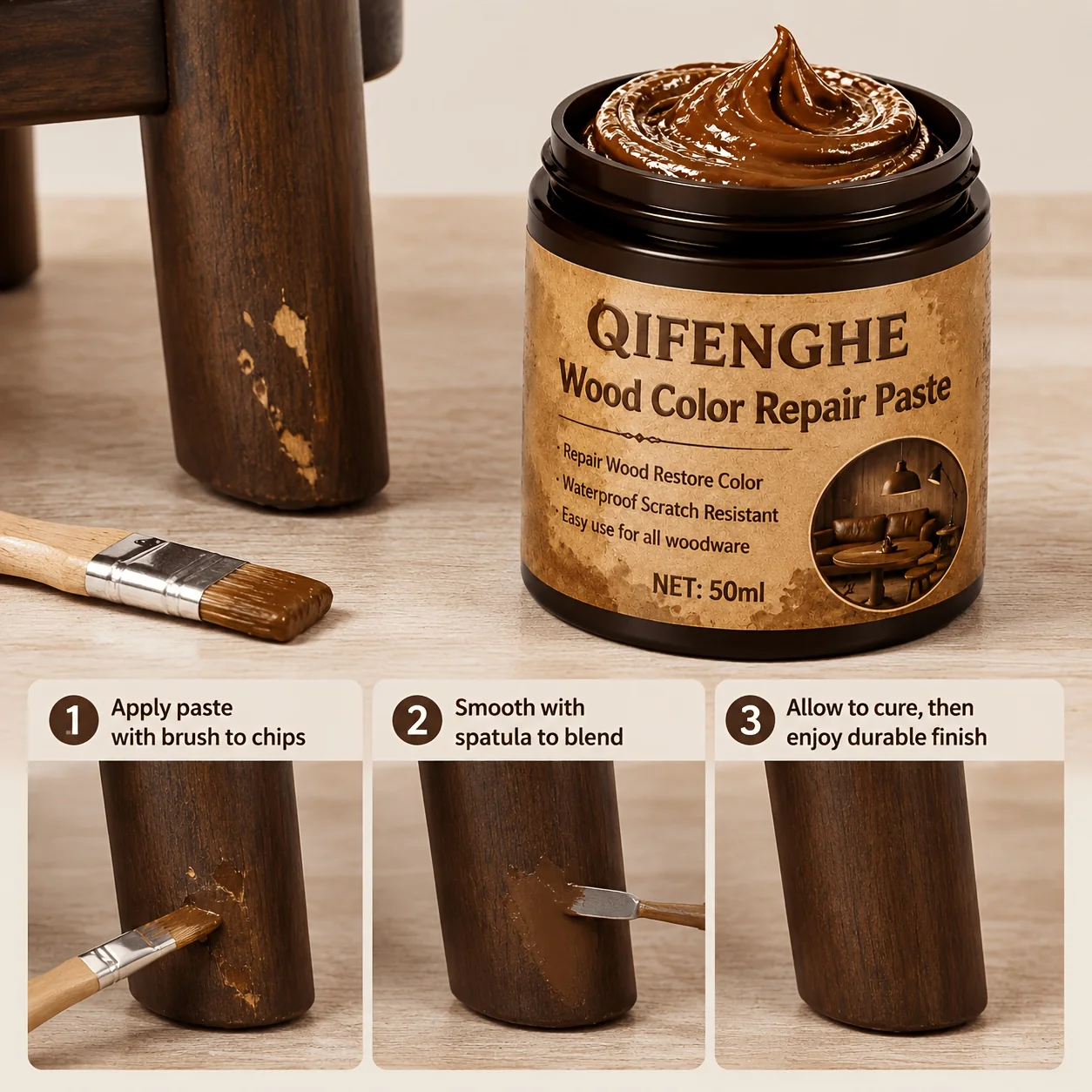Furniture Wood Repair Paste, Restore Color & Fix Chips on Stools, Tables & Cabinets