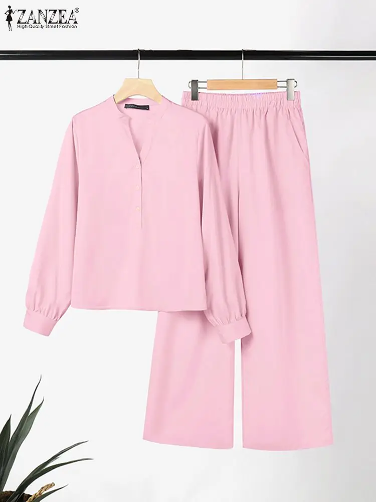 ZANZEA Elegant Women Urban Tracksuit Two Piece Sets Fashion OL Work Suits Spring V Neck Long Sleeve Blouse Wide Leg Pant Sets