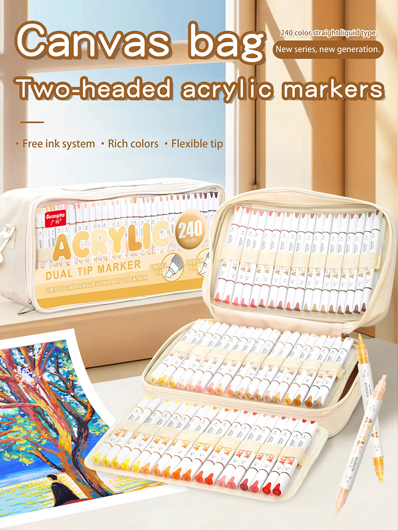 

72-Color/240-Color Fabric Bag Style Dual-Tip Acrylic Markers, with Automatic Ink Control System, Soft Tip and Slant Tip, Gradient Color Markers, Suitable for Large-Area Coloring, Rock Painting, Ceramics, Wood, Plastic, Calligraphy, Scrapbooking, Card Maki