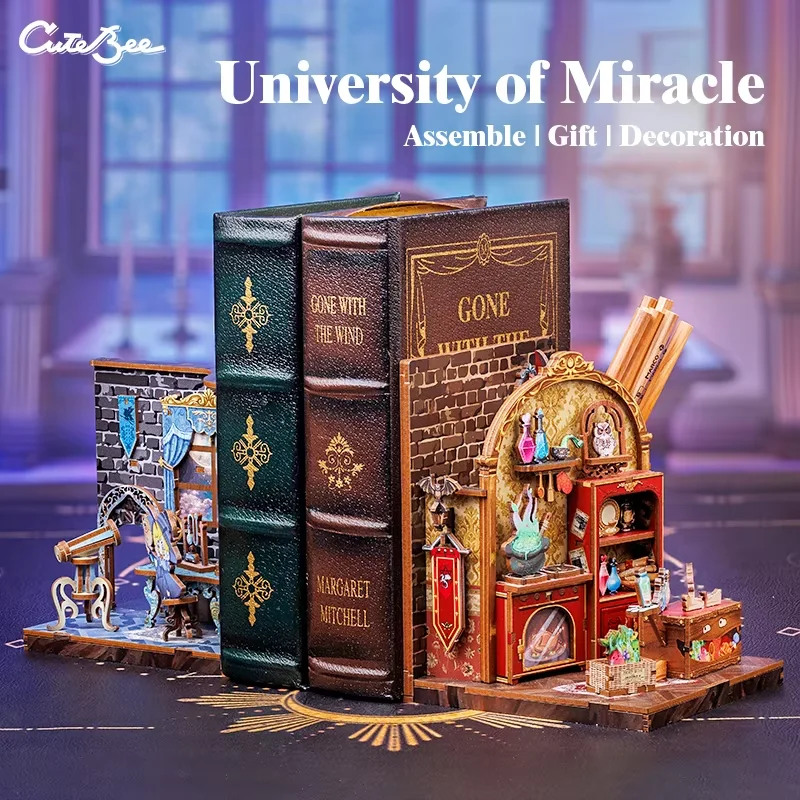 CUTEBEE Wooden Bookends DIY Dollhouse 3D Puzzle Bookshelf Insert Light Booknook Decor for University of Miracle