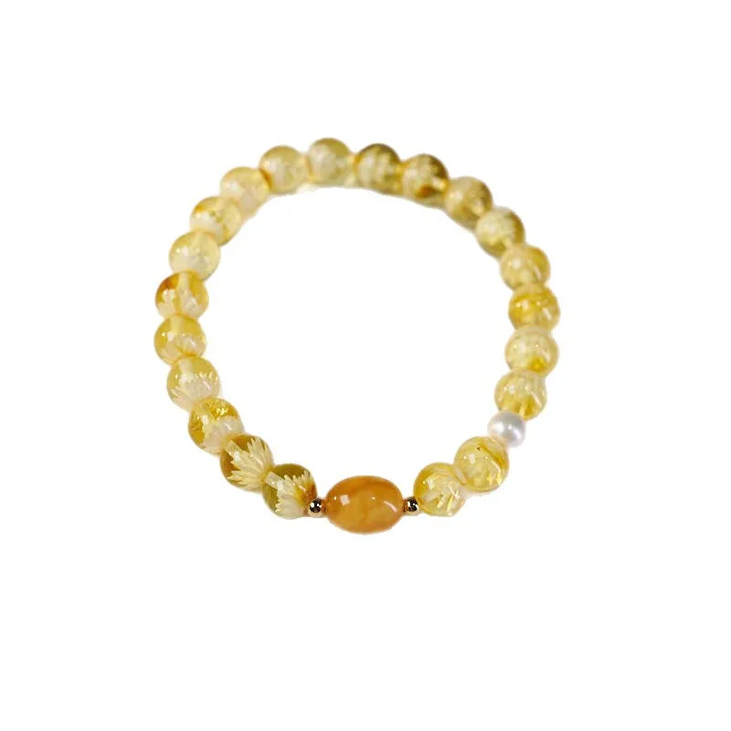 New Chinese Style Amber Beeswax Bracelet for Women with Freshwater Pearl and Lotus Motif Beeswax Date Bead Bracelet Gifts