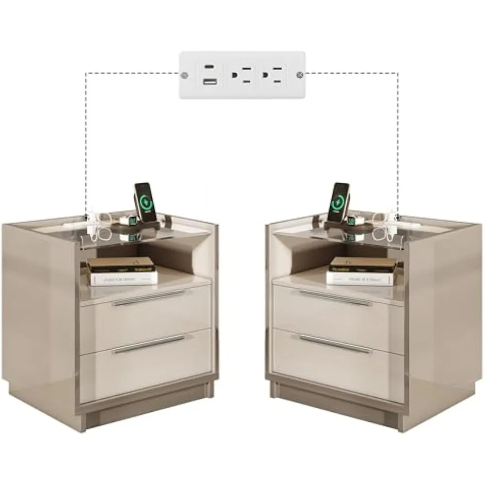 

Nightstand Set of 2, 23.6 High Gloss End Table with Glass Tabletop, Modern Bedside Table with Charging Station, 2 Drawe