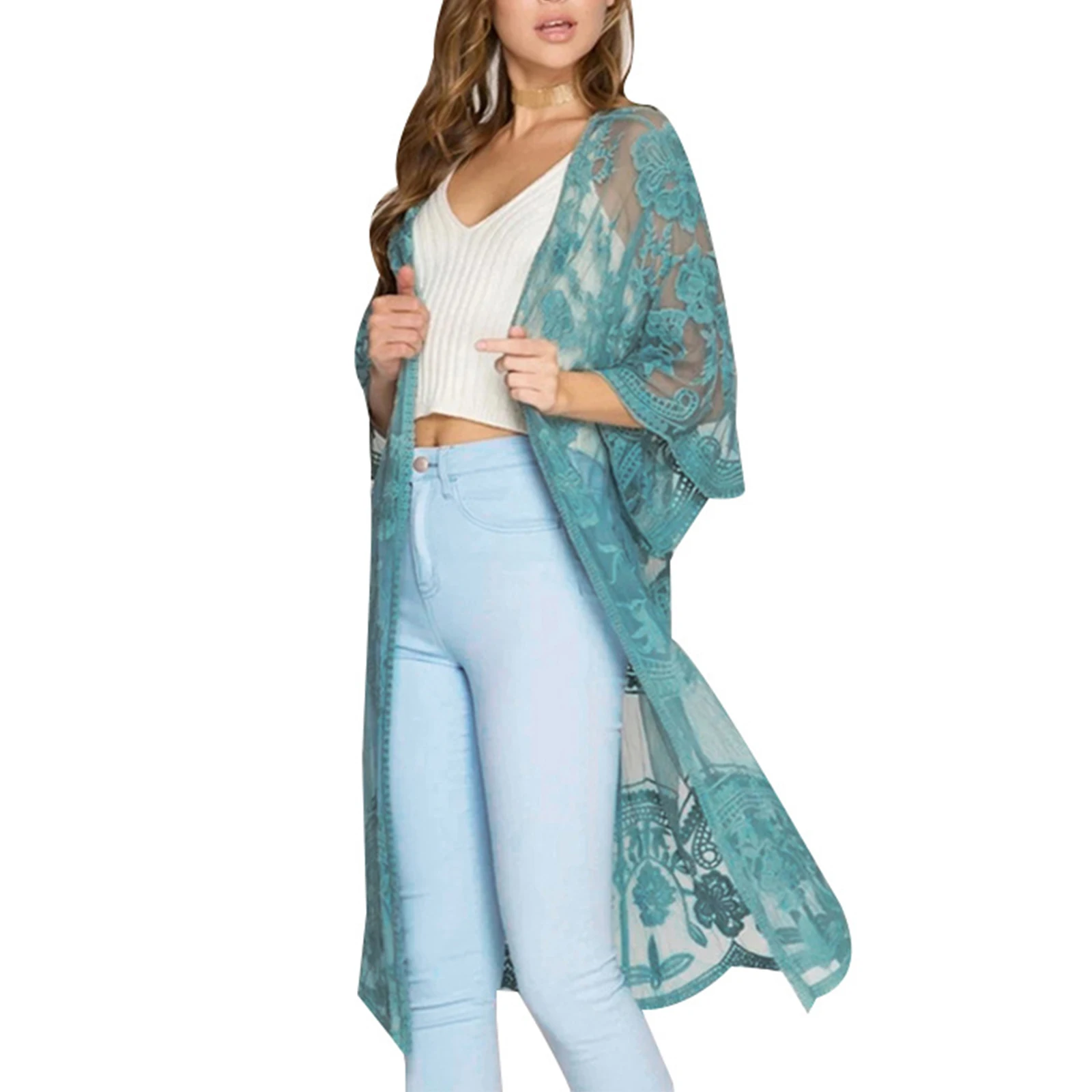 Cárdigan informal de moda para mujer, ropa de playa, Color sólido, manga 3/4, transparente, bordado de flores