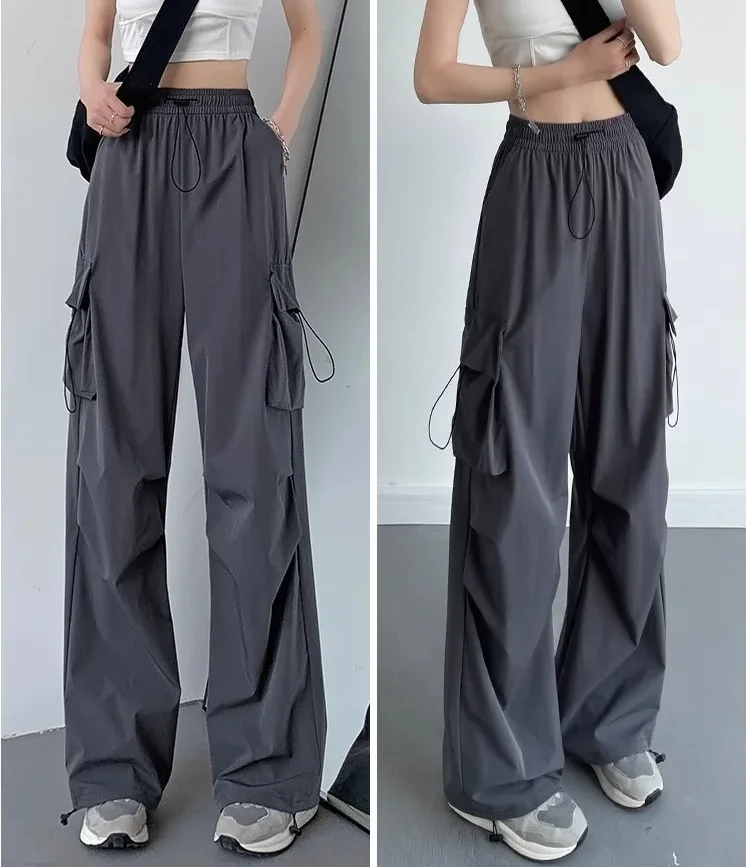 Women Y2K Cargo Pants Solid Low Waist Sweatpants Drawstring Wide Leg Baggy Trousers 2023 Summer Streetwear Punk Casual Tech Pant