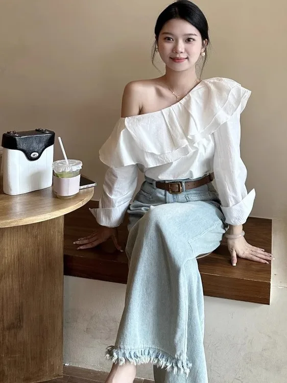 

Ele White Long Sve Asymmetrical oulder irt for Women Spring Design Korean Sle Loose Fit Casual Chic Top