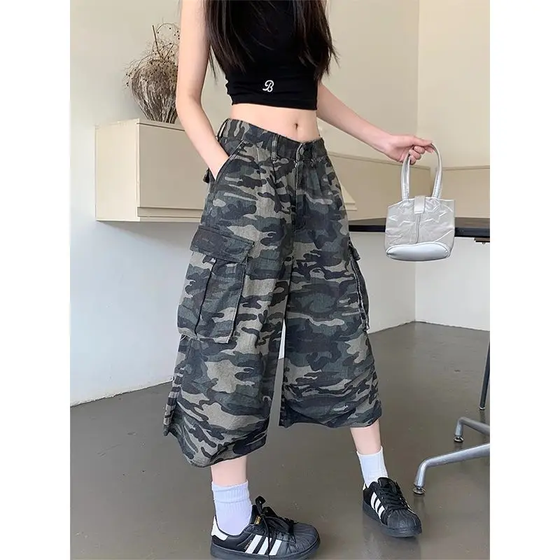

Женские камуфляжные джинсы Y2K, уличная одежда, свободные капри в американском стиле ретро, шорты-карго, широкие брюки с большим карманом