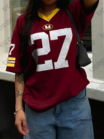 2025 New Classic Retro Red No. 27 Print T-Shirt For Women Summer V-Neck Short Sleeve Sports Football Jersey Y2K Oversized Tops