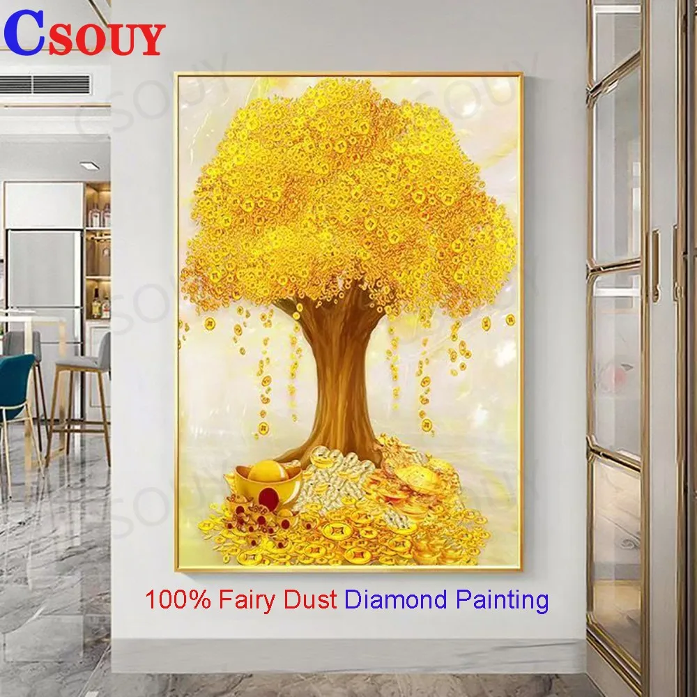 

100% Fairy Dust Diy Diamond Painting Cross Stitch Money Tree Wealth Tree Embroidery Square Mosaic Home Decor Needlework Crystal