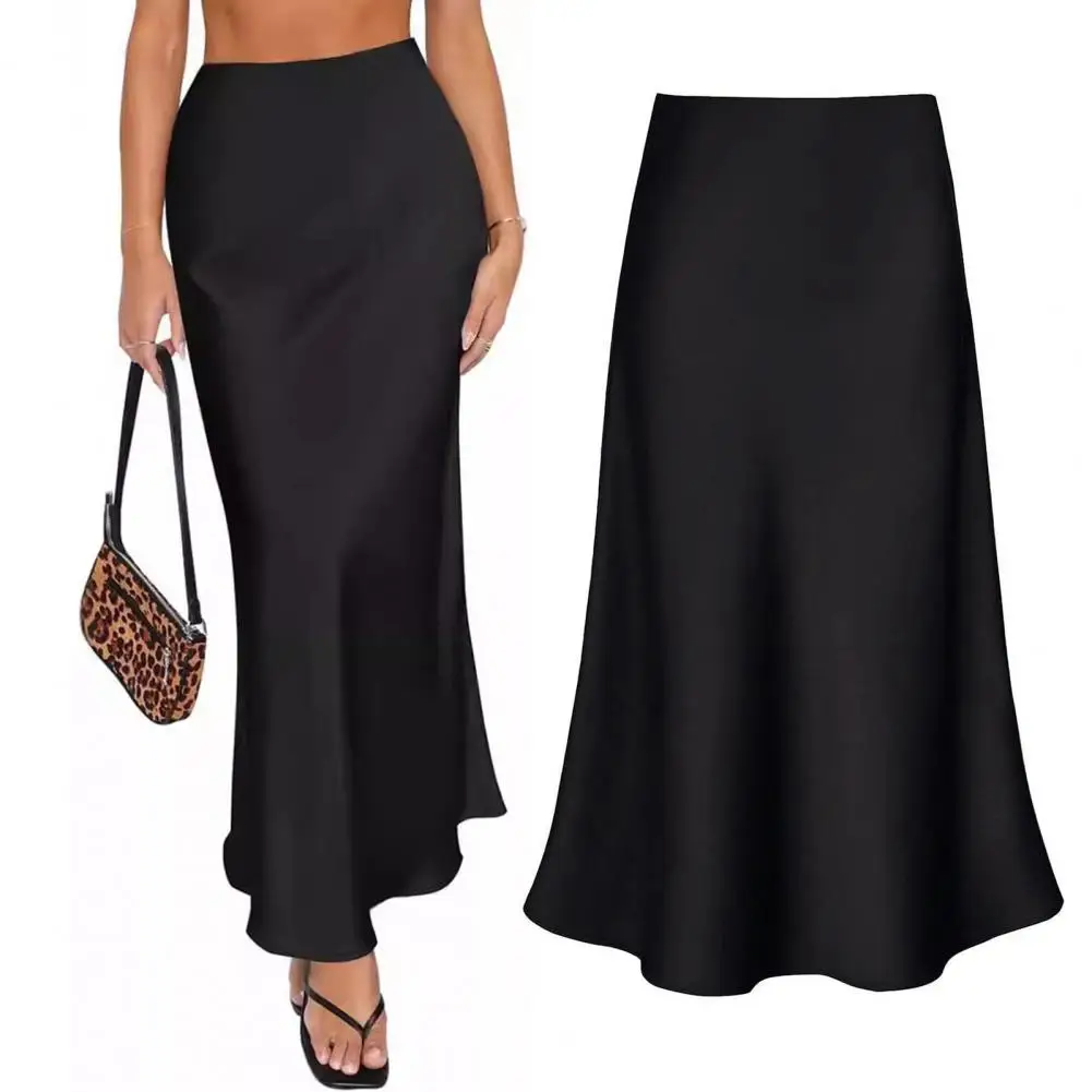 تنورة نسائية ماكسي عالية الخصر من الساتان الناعم تنورة طويلة مع سحاب بلون واحد تنورة نسائية ملفوفة على شكل ذيل السمكة faldas para mujeres