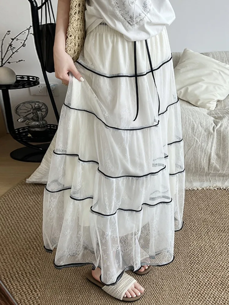 

White Lace A-Line Midi Skirt with Belt High Waist Summer New Style Women's Gown Hanging Sense Cake Long Skirt Hollow out Design