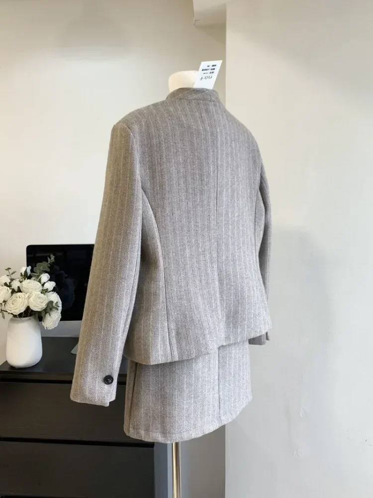 UNXX Autumn Fashion Skirt Suits Notched Collar Spliced Diagonal Buckle Striped Blazer + Loose High Waist Grey Skirt 2 Piece Set